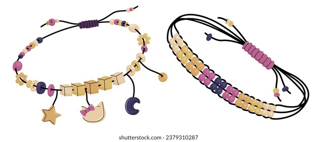 Set of bracelets in y2k style. Handmade accessories woven from threads and beads. Hobby creating stylish jewelry. Vector illustration in cartoon style isolated on white background.