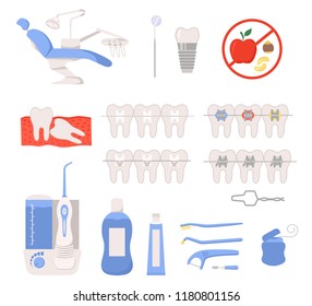 Set of braces icons isolated on white background. Color vector illustration of traditional metal brackets, self-ligating, ceramic etc. Tooth paste, brushes, dental chair and other orthodontic elements