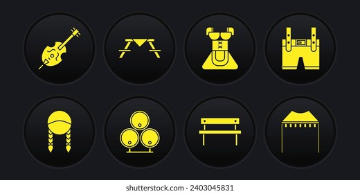 Set Braid, Lederhosen, Wooden barrels, Bench, Costume for women dirndl, Picnic table with benches, Camping tent and Violin icon. Vector