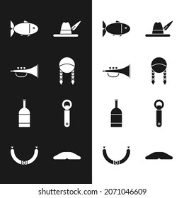 Set Braid, Musical instrument trumpet, Fish, Oktoberfest hat, Beer bottle, Bottle opener, Homemade pie and Sausage icon. Vector