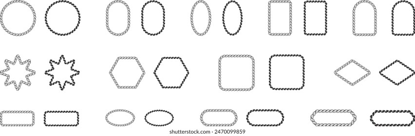 Set of Braided Rope frames Borders of different geometric shapes. round, oval and square, hexagonal. Editable rope frame border isolated on white background.