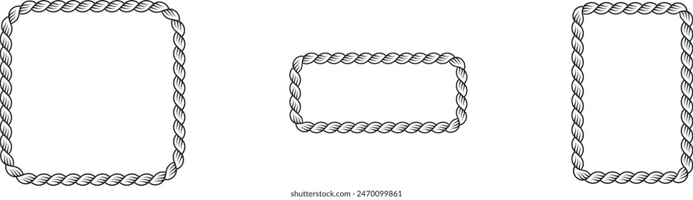 Set of Braided Rope frames Borders of different geometric shapes. round, oval and square, hexagonal. Editable rope frame border isolated on white background.