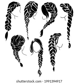 Set of braids silhouettes, beautiful female hairstyle with braiding vector illustration