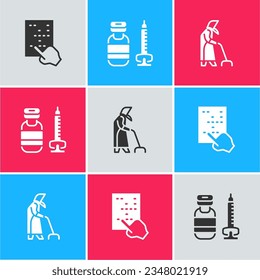 Set Braille, Syringe and Grandmother icon. Vector