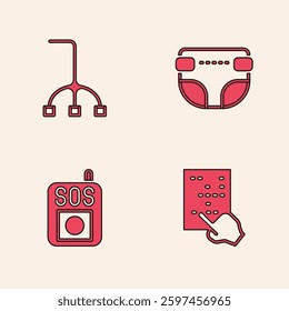Set Braille, Walking stick cane, Adult diaper and Press the SOS button icon. Vector