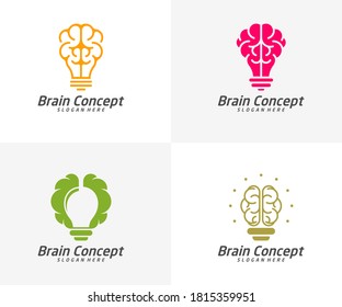 Conjunto de plantilla de vector de diseño del logotipo de la bombilla de cerebro. Pensemos en el concepto de idea. Logo del icono del cerebro del pensamiento de la energía de la lluvia de ideas.