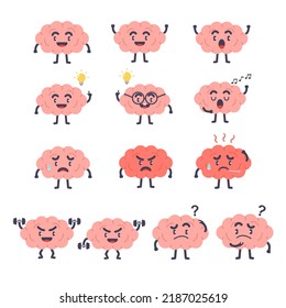 Set of brain character flat cartoon expression emotion. intelligence learning study Concept.