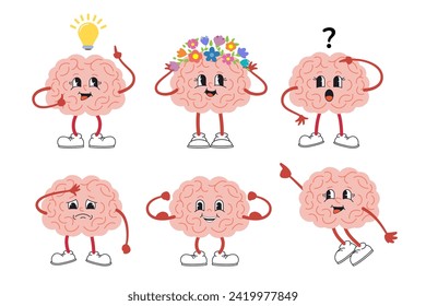 Set of brain character. Organ central nervous system is happy. Mind emoji collection. Vector illustration