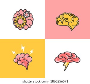 Set of brain concepts.Brainstorming, idea,creativity and thinking about business strategy.Icons with brain, light bulb,gear and lightning.Creative idea, mind, nonstandard thinking isolated logo.Vector