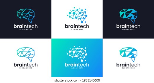 Set of brain connection logo design. Creative smart brain technology logo collection.