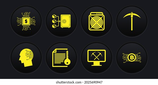 Ajuste el cerebro como tarjeta de circuito digital, Pickaxe, contrato inteligente, Minería con monitor y pickaxe, ASIC Miner e icono de prueba de la apuesta. Vector