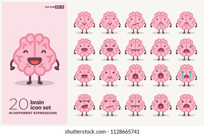 Set of Brain Emoji Line Icons In Different Expressions