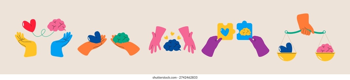 Set of brain and heart in hands. Heart brain harmony Concept. Colorful vector illustration