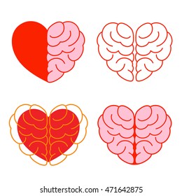 Set Of Brain And Heart. Brain In Heart Shape. Vector Illustration Icon, Isolated On White Background. Success Concept