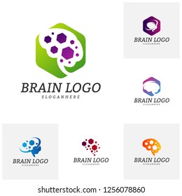 Set of Brain with Hexagon Logo Vector Template. Hexagon with Brain Mind Logo Concepts