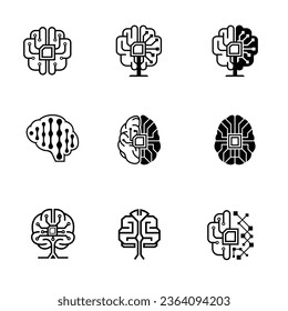 set of brain icons with an AI microchip installed inside. Artificial intelligence logo with tech lines. best for science research and neurology related projects. Machine learning symbols. 