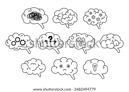 Set of brain icons with gears; puzzles; flowers; light bulb; emotions and question marks. Vector illustration for psychology; mental health; creativity; problem solving and education themes.
