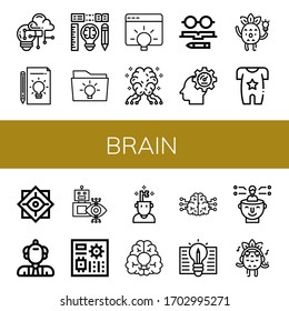 Set of brain icons. Such as Creativity, Idea, AI, Knowledge, Innovation, Body, Philosophy, Scientist, Robot, Motherboard, Brain, Thinking, Listening , brain icons