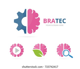 Set of brain logo combination. Education and mechanic symbol or icon. Unique science and industrial logotype design template.