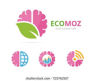 Set of brain logo combination. Education and eco symbol or icon. Unique science and organic logotype design template.