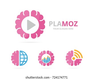 Set of brain logo combination. Education and record symbol or icon. Unique science and audio, video logotype design template.