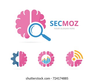 Set of brain logo combination. Education and magnifying symbol or icon. Unique science and search logotype design template.