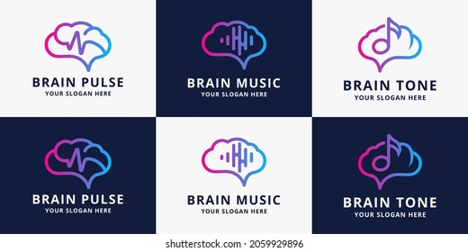 set of brain music pulse logo design