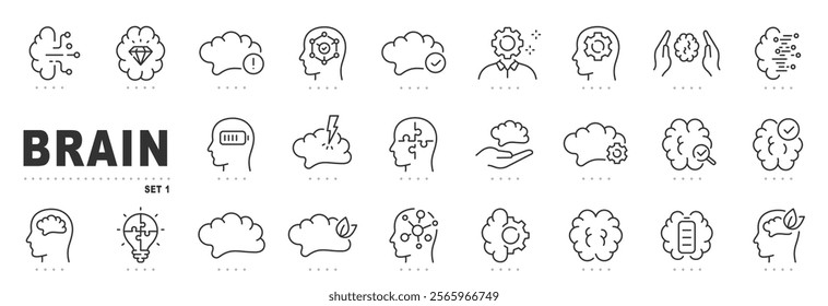 Set of brain related line icons. Intelligence, mind, smart, head etc. Editable stroke.