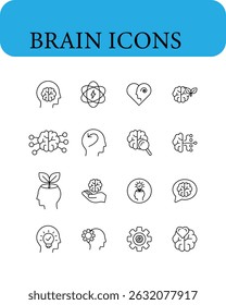 Set of brain related line icons. Editable stroke. 