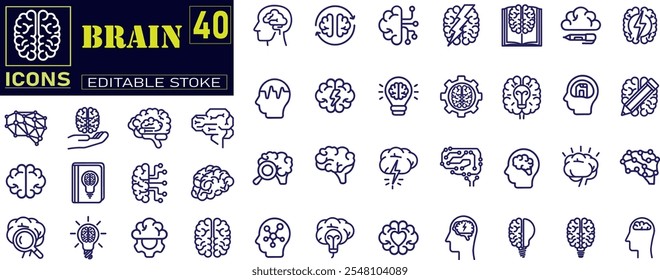 Set of Brain Related Vector Line Icons.