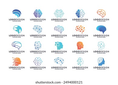 Set of brain tech, artificial intelligence logo design