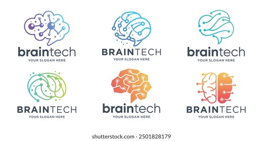 set of brain tech. clever digital idea logo template vector.