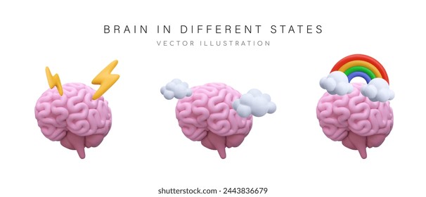 Set of brains in different states. Vector symbols of emotions and processes