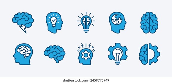 Set of brainstorm icon. Containing creativity, brain, idea, creative, thinking, light bulb, mind, intelligence, imagination, plan, solution, innovation, inspiration, smart, genius, education, science