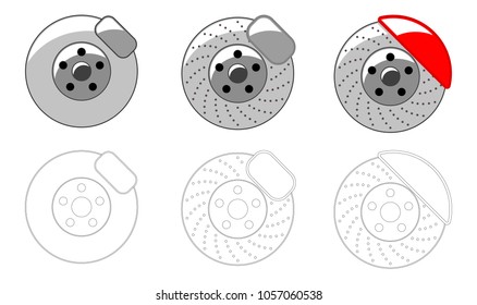 Set of brake disc, Car icon set, black icon car, repair service, different color icon isolated on white background, vector illustration logotype, repair parts, autoparts.  EPS 10. 