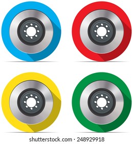 Set with brake discs on colored backgrounds with shadow