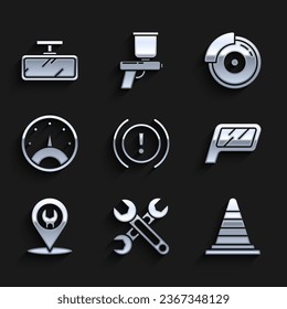 Set Brake system warning, Wrench, Traffic cone, Car mirror, service, Speedometer, brake disk with caliper and  icon. Vector