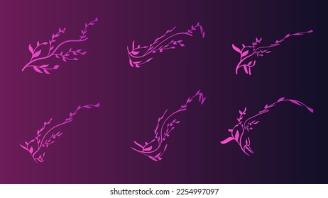 Set of branch purple gradient of a plant with leaves and a silhouette of a bird for a beauty salon
