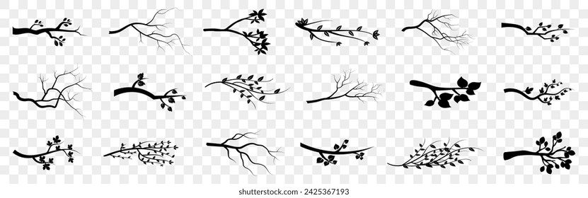 Set of branch silhouette icons. Tree branch collection. Set of cartoon tree branch. Black branch silhouette element