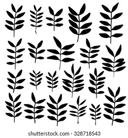 Set of branch silhouettes with leaves.