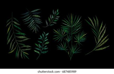 Set, a branch of a tropical palm tree. Traditional folk stylish stylish floral embroidery on the black background. Sketch for printing on fabric, clothing, bag, accessories and design. vector. Trend