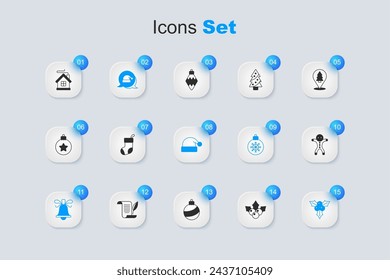 Set Branch viburnum, Christmas stocking, Santa Claus hat, ringing bell, Holiday gingerbread man cookie, Merry house and  icon. Vector