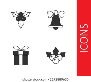 Set Branch viburnum, Gift box and Christmas ringing bell icon. Vector