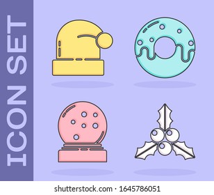 Set Branch viburnum or guelder rose, Christmas Santa Claus hat, Christmas snow globe with fallen snow and Donut with sweet glaze icon. Vector