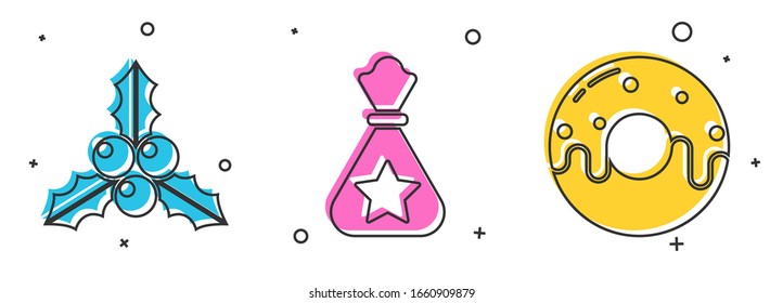 Set Branch viburnum or guelder rose, Santa Claus bag gift and Donut with sweet glaze icon. Vector