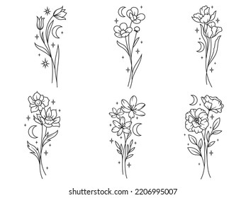 Set of branch wild flower. Collection of flowering plant with leaves. Botanical. Vector illustration or natural elements on white background.