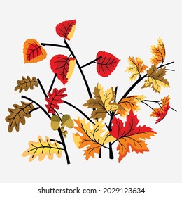 Set of branches with autumn leaves in flat cartoon style.Maple, poplar and oak branches with acorns isolated on gray.Vector autumn background.Hand drawn leaf elements for decorative design.