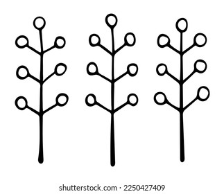 Set of branches and berries. Floral elements. Outline ink drawing. Can be used for card, invitation, textile, wallpaper, pattern. Isolated vector illustration on white background.