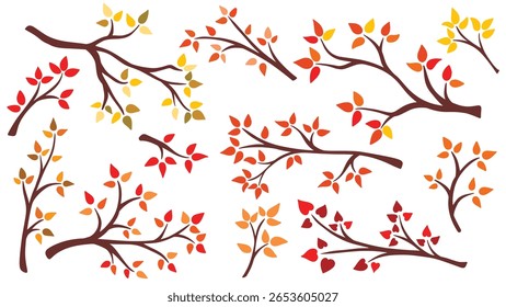Set of branches with colorful autumn leaves. Collection twigs of tree with yellowed leaves of red, orange, yellow, brown color of different trees. Branches with falling foliage, vector elements