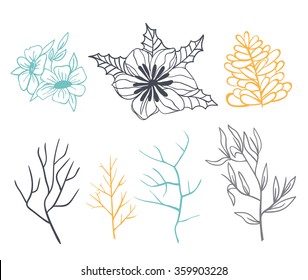 Set of branches and flowers for decoration. Done in pastel colors. Background white.
